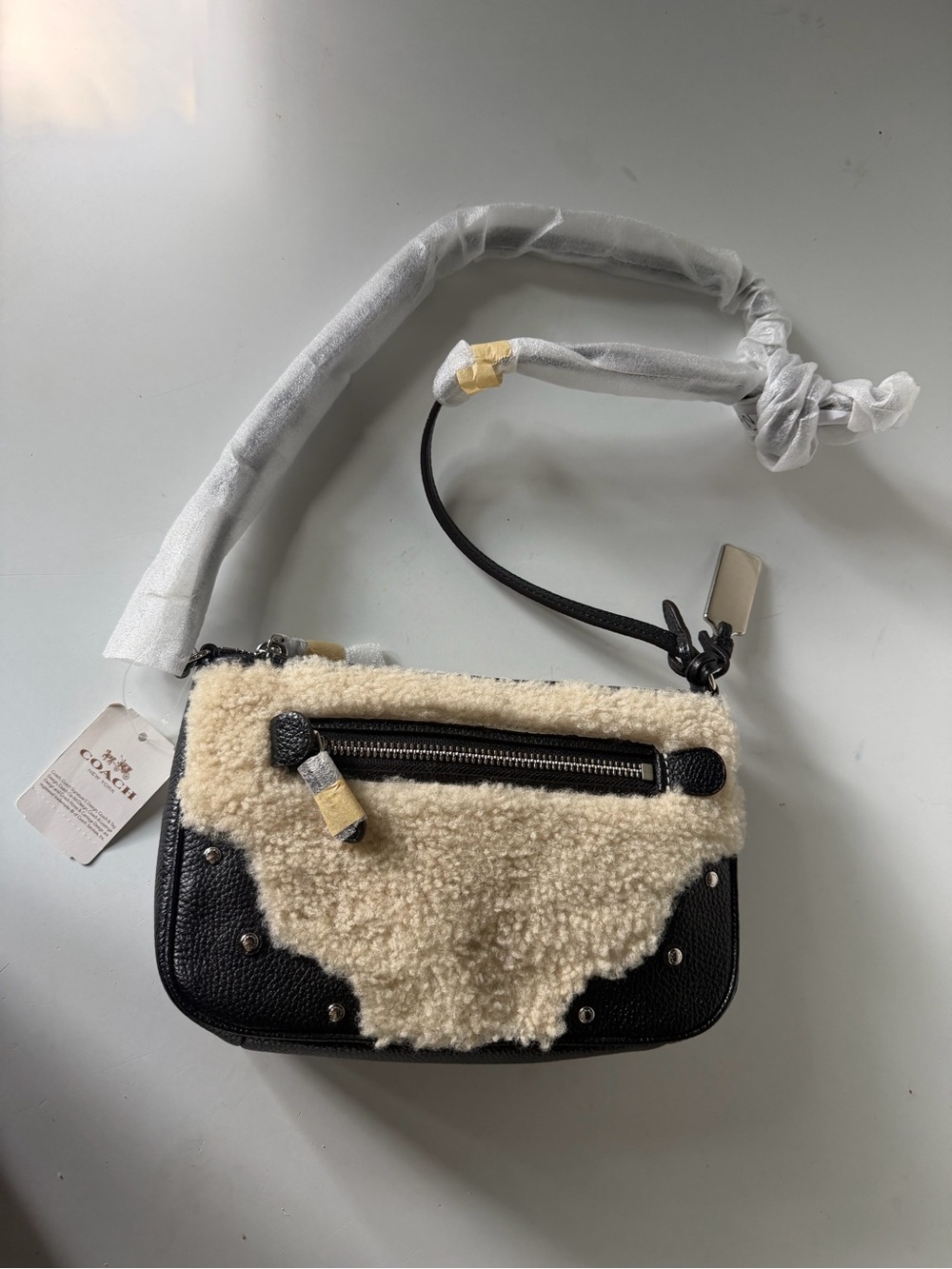 Coach Black Leather Crossbody with Cream Shearling Trim